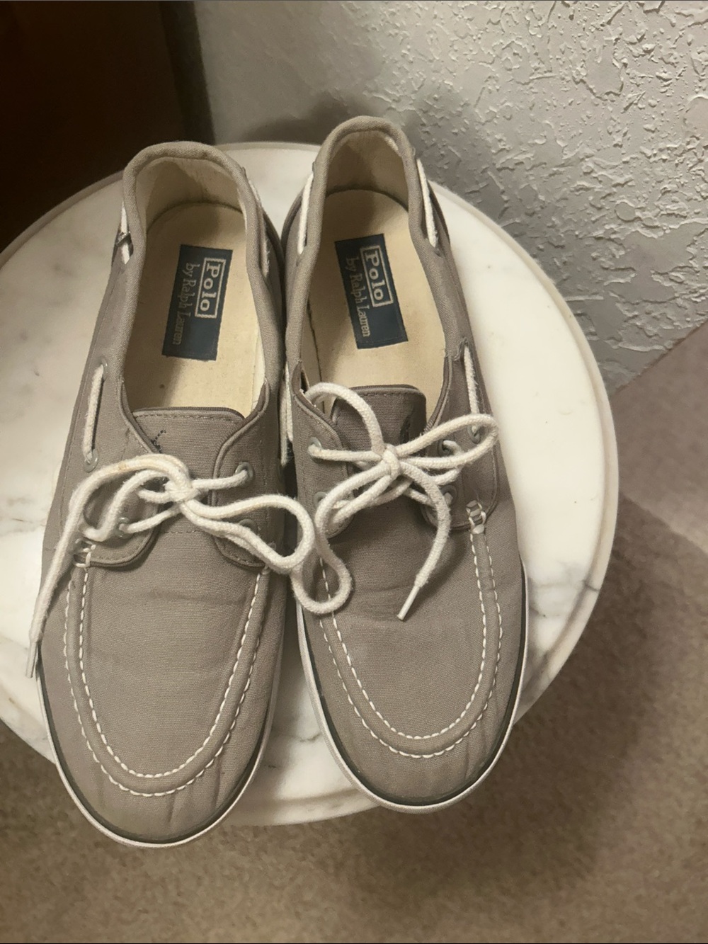 Polo by Ralph Lauren Men's Taupe Canvas Deck Shoes with White Laces. 10.5